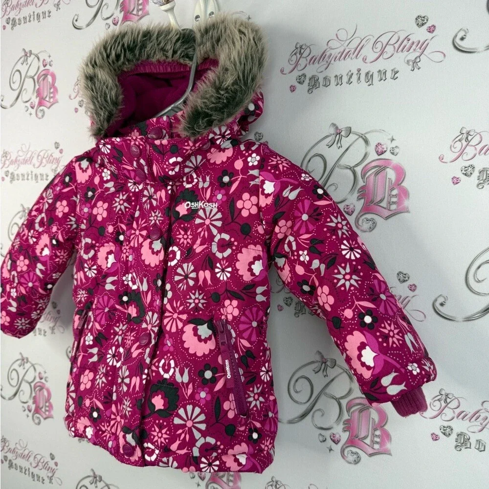 OshKosh jacket coat winter faux fur hood warm cozy Pink Floral Winter Jacket